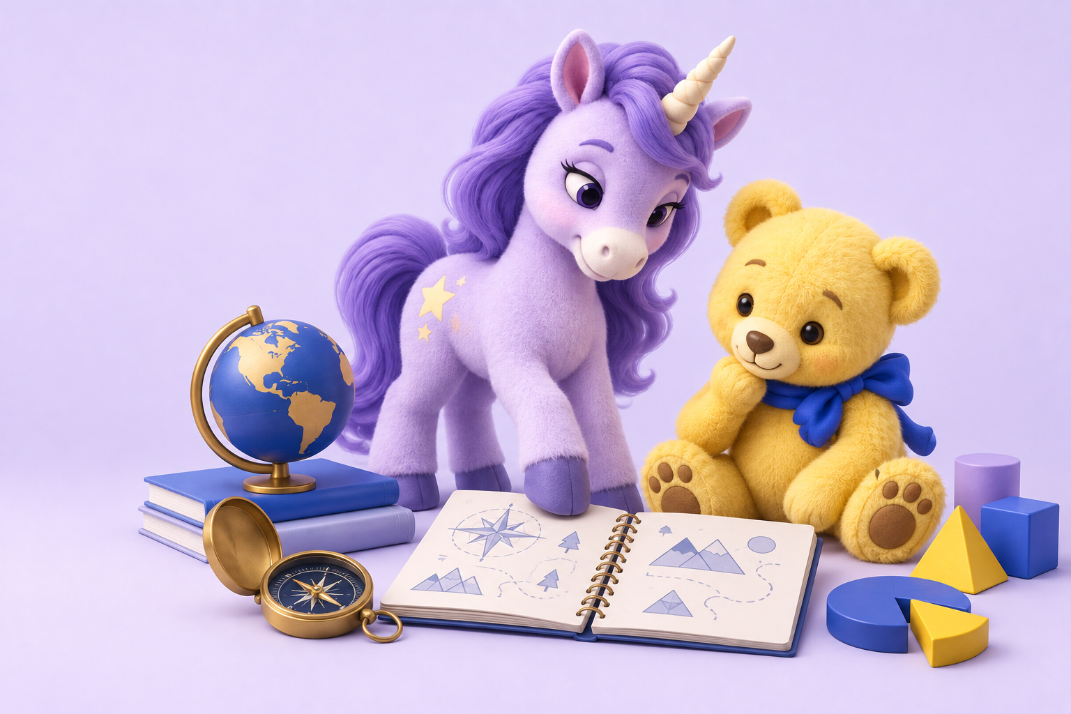 De paarse unicorn en gele beer ontdekken samen een wereldbol, kompas en uitdagende leeropdrachten.